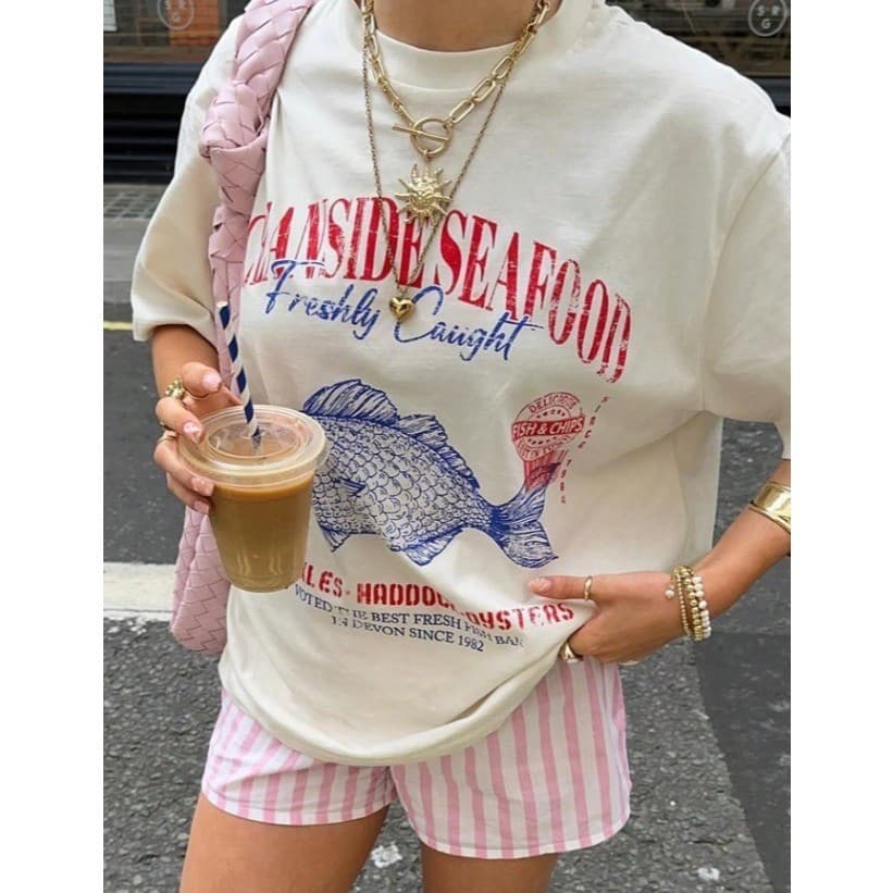 Camiseta Feminina Casual  Versátil Oceanside Estampada Gola Redonda Manga Curta Camisa T-shirt
