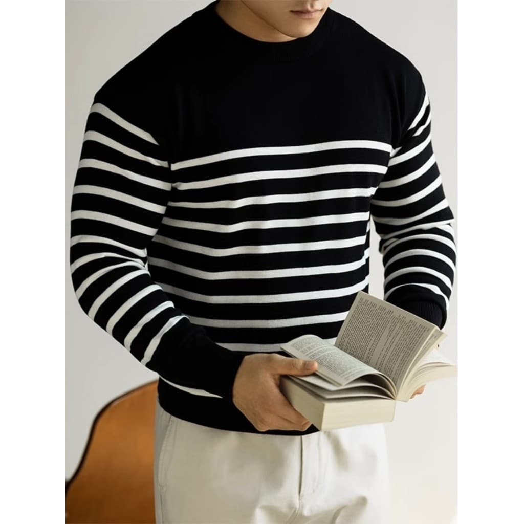 Retro listrado mar espírito camisola de malha masculina versão coreana de manga comprida camisola de fundo em torno do p