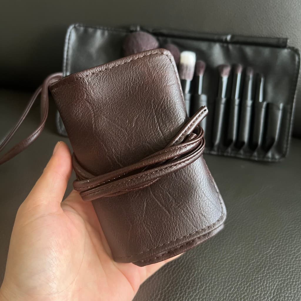 Mini bolsa para pincel de maquiagem, bolsa para pincel com 9 furos, textura grossa portátil com cadarço