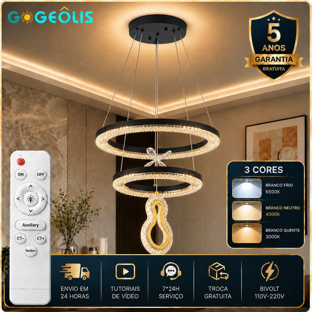 Lustre Pendente Preto e Dourado LED 75W Cristal para Sala de Jantar com Controle