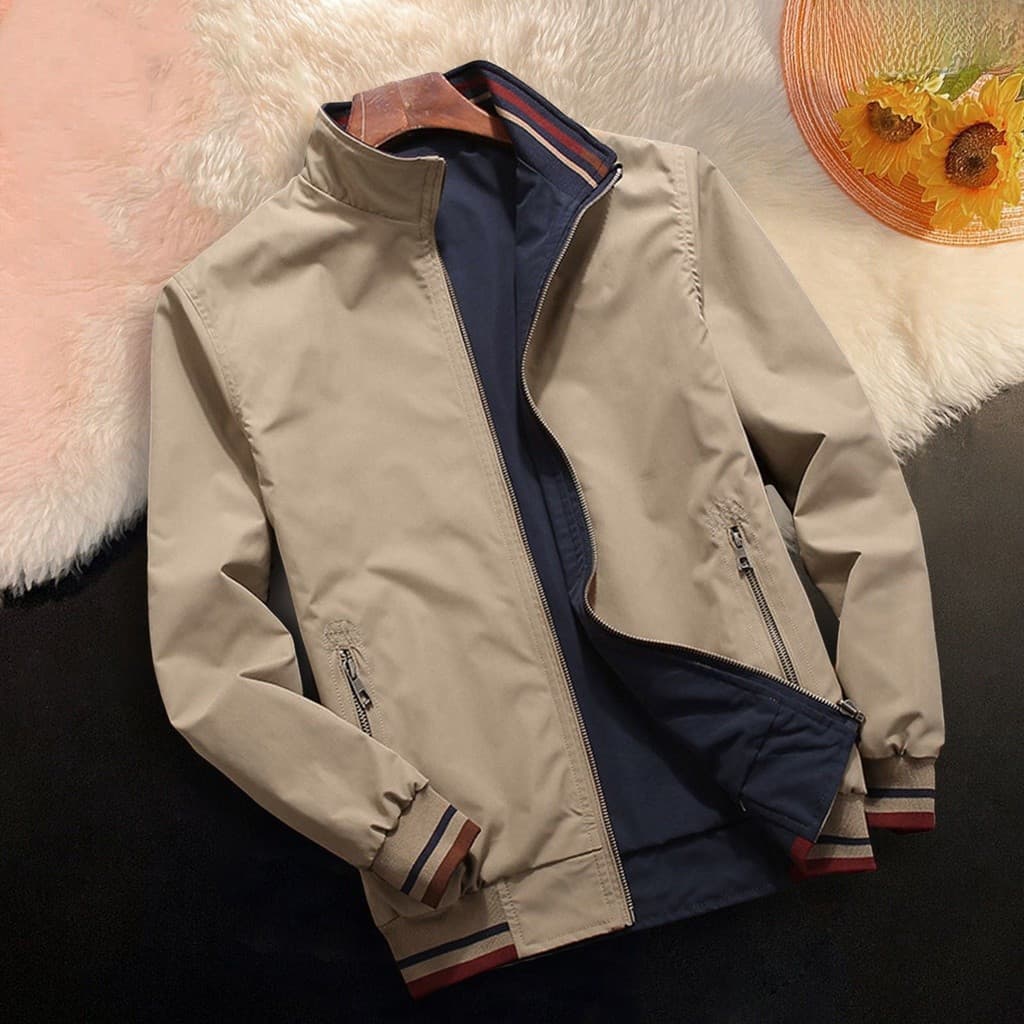 Jaqueta Masculina Com Punhos Elásticos , Gola Alta , Mangas Compridas , Patchwork , Cor Reversível , Casaco Bolsos