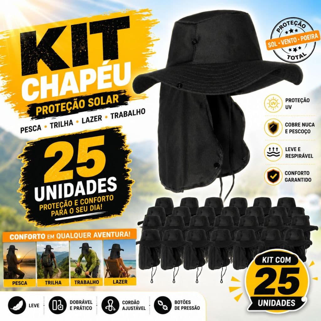 Kit 25 Chapéus Australianos com Protetor de Pescoço e Aba Larga UV para Pesca, Camping e Esportes Outdoor