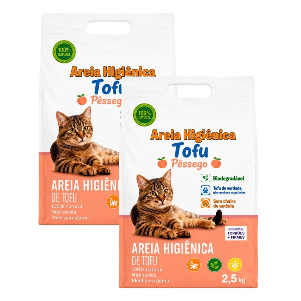2 Areia De Tofu 2,5kg Premium Biodegradável Higiênico Forma Torrões Elimina Odores Aroma Pêssego