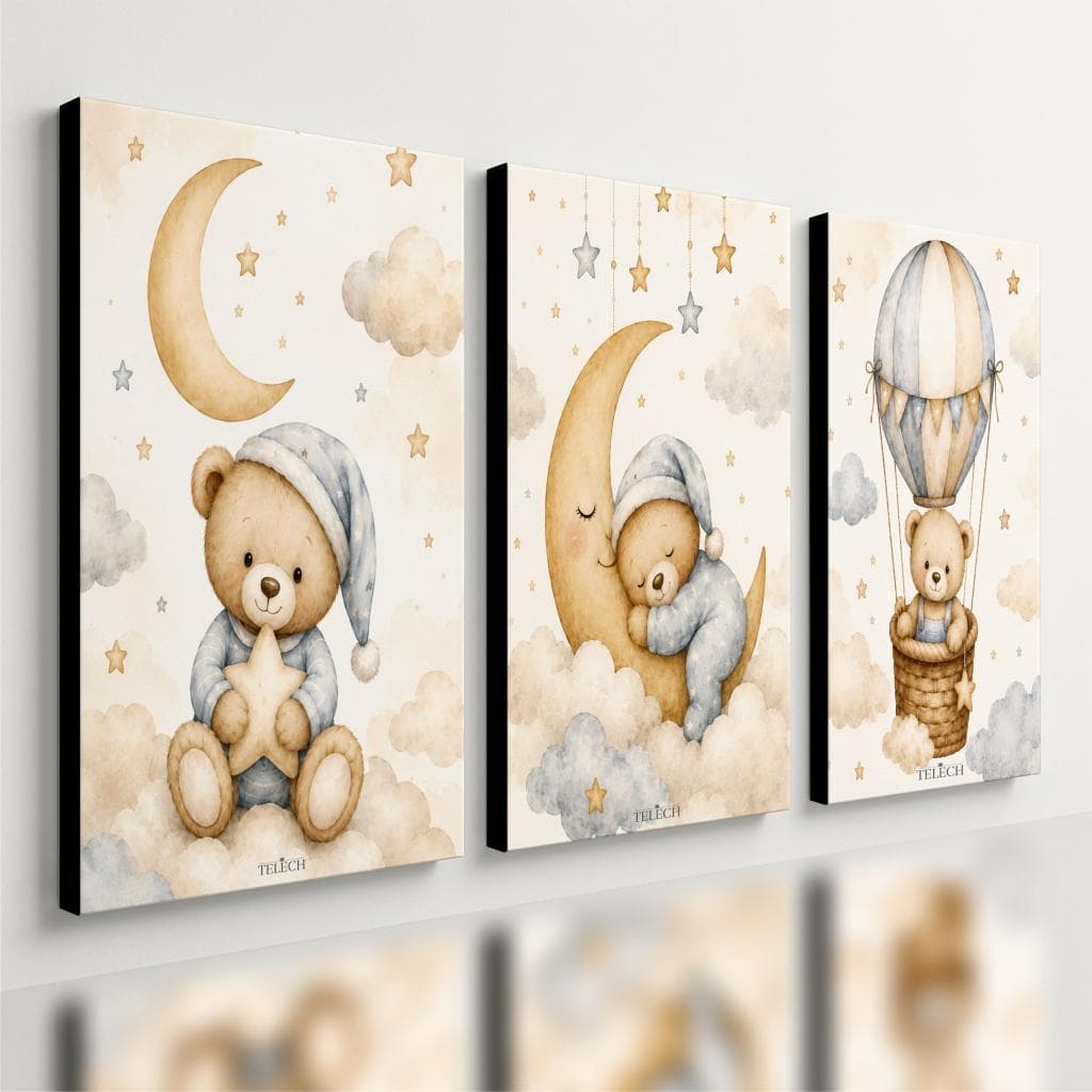 Kit3 Quadro Decorativo Quarto Infantil Bebê Menino Urso Lua