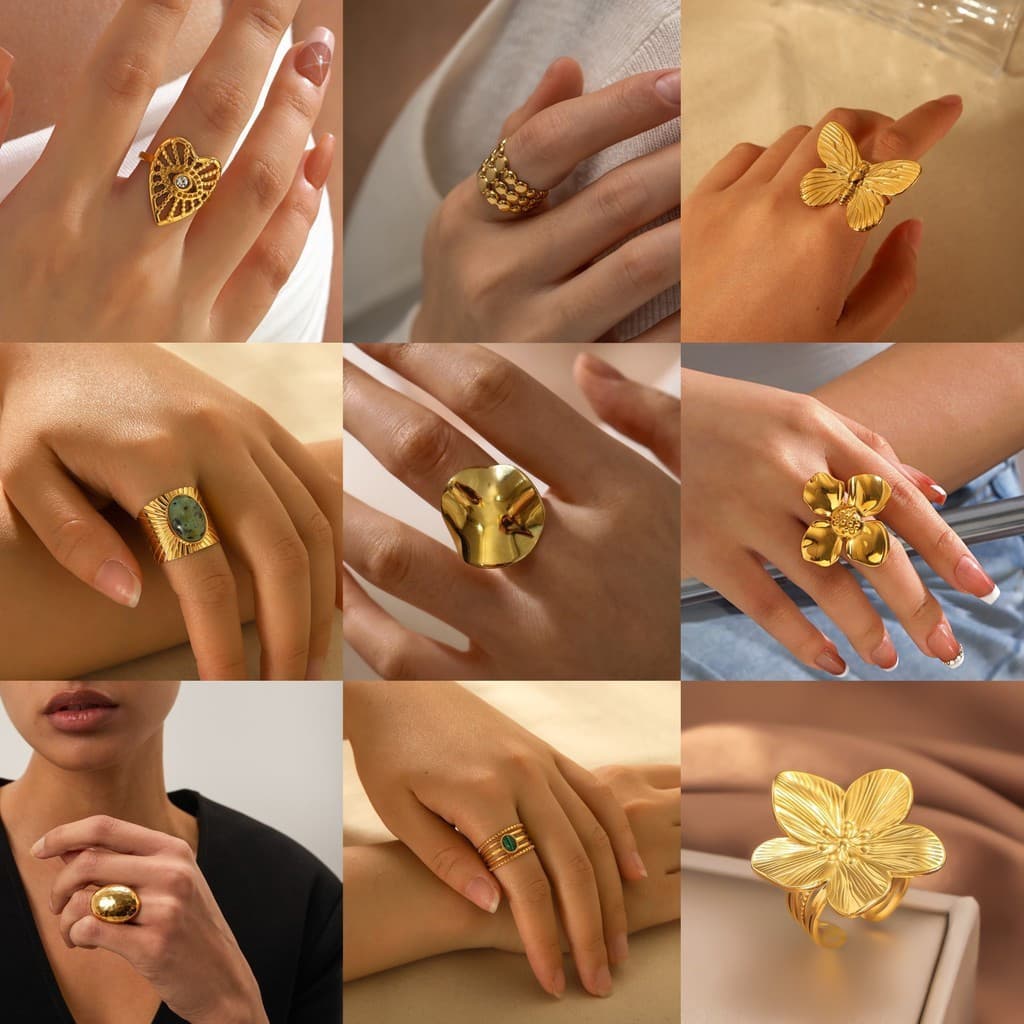 Anel de borboleta com flor banhado a ouro 18K, anel ajustável aberto de luxo, moda europeia e americana, presente