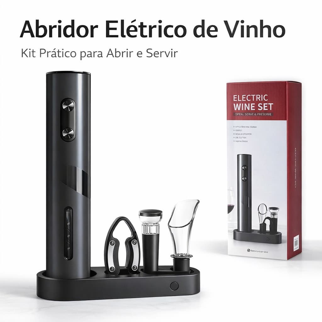 Kit Acessórios para Vinho com Saca Rolhas Elétrico Automático Cortador de Lacre Tampa a Vácuo Bico Dosador