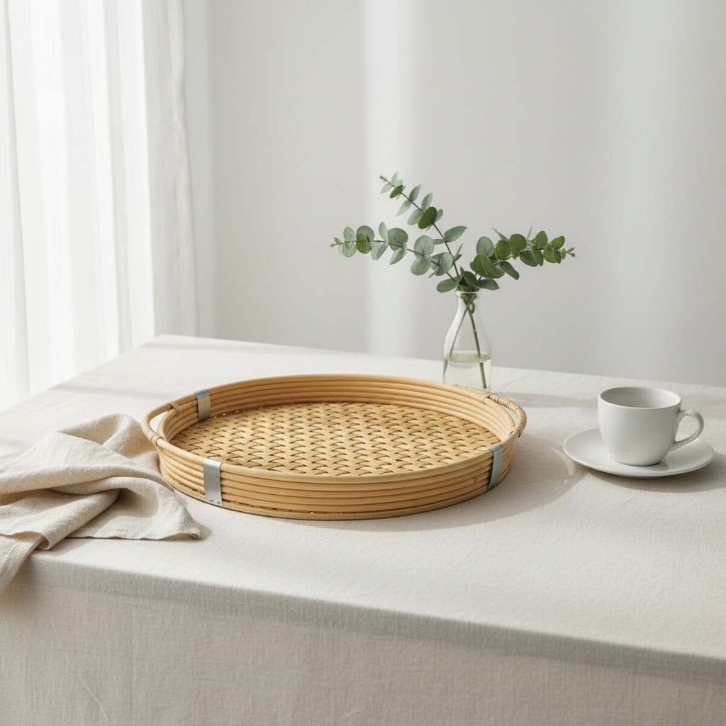 Bandeja de Servir 48cm Rattan e Metal Redonda Alça Boho Chic