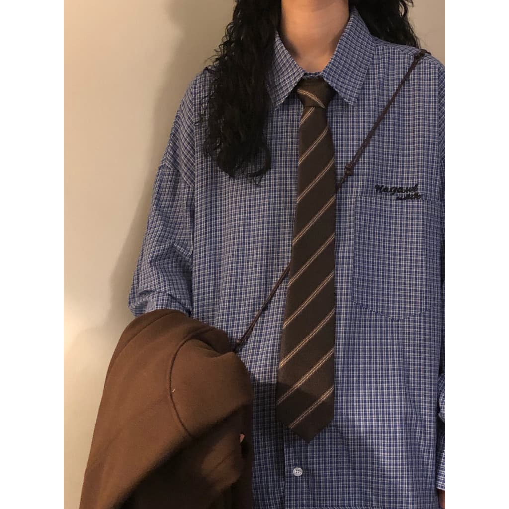 2025 primavera outono novo estilo japonês Retro Design sentido xadrez All-Match solto camisa de manga comprida das mulhe