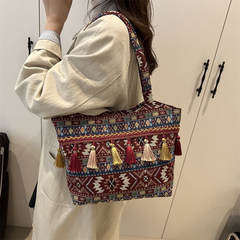 Estilo étnico tecido sacola feminina borla bolsa boêmia Retro bolsa de lona