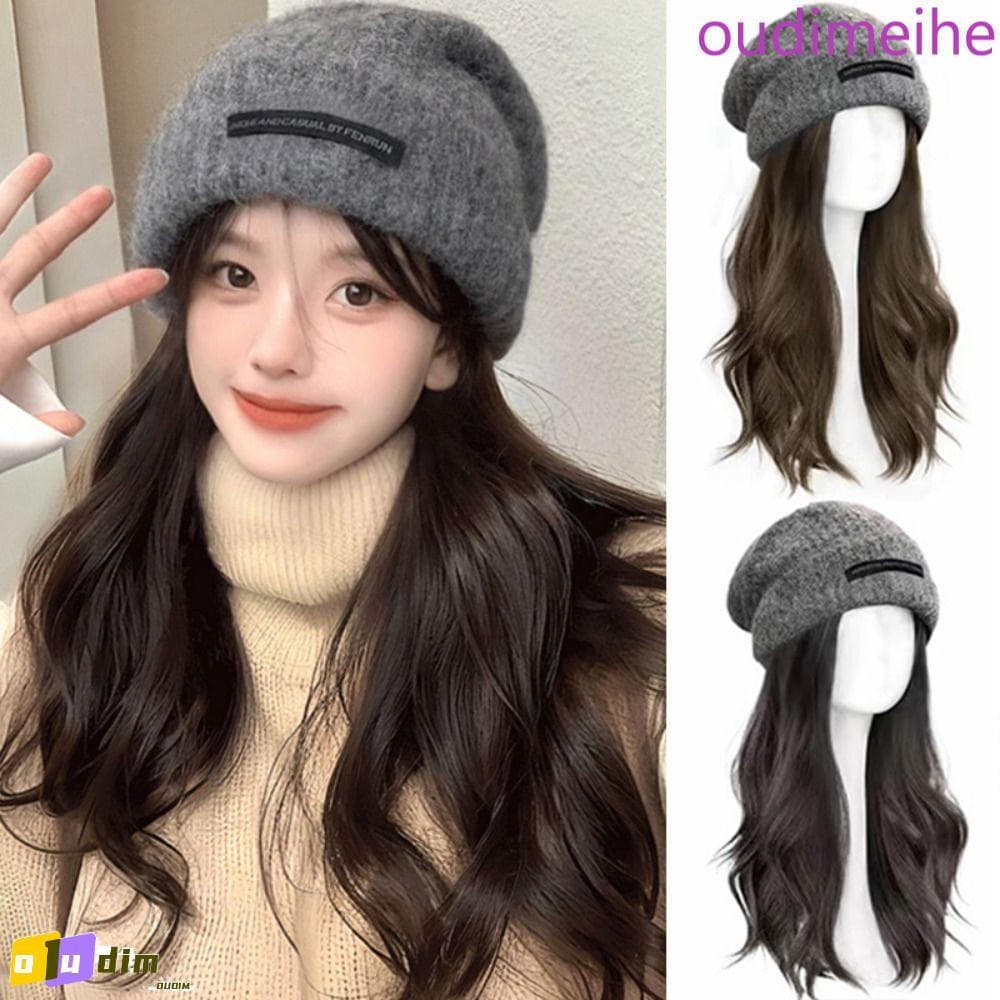 OUDIMEIHE Gorros Chapéu Com Perucas De Cabelo , Malha Sem Costura Outono Inverno , Peruca De Boné Longo Ondulado Natural