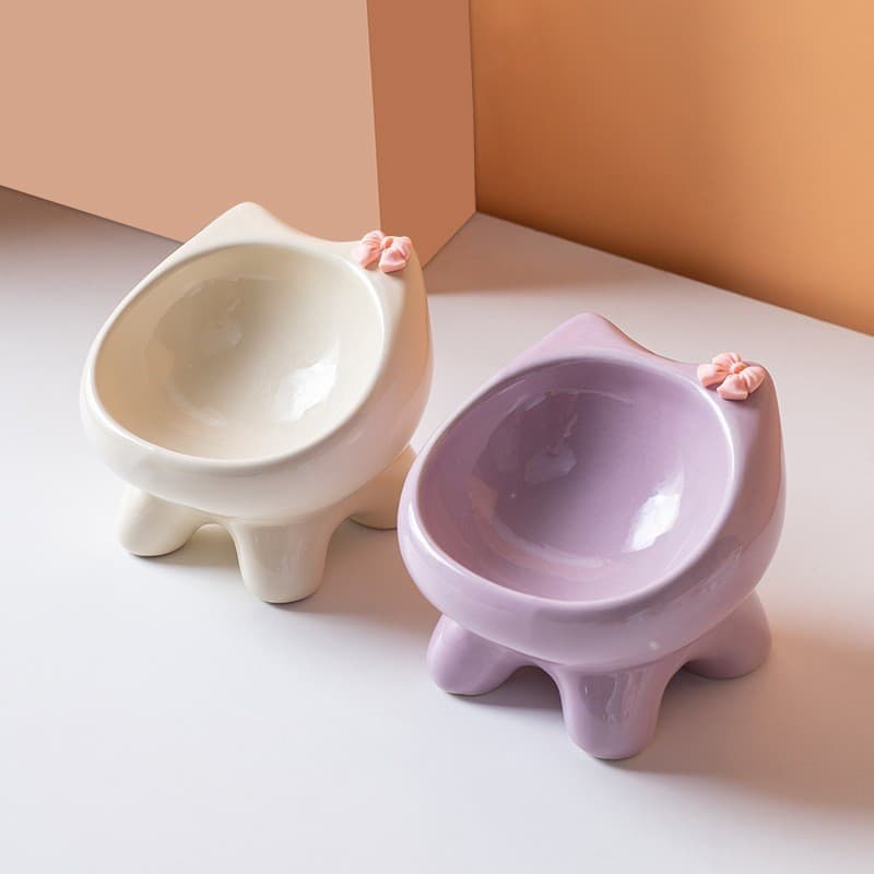 Tigela de cerâmica para gato, proteção para pescoço, boca oblíqua, pé alto, anti-derrubamento, anti-preto, comida para q