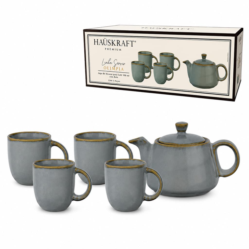 Conjunto Para Chá e Café Em Cerâmica Com Bule E 4 Xícaras 100ml Hauskraft