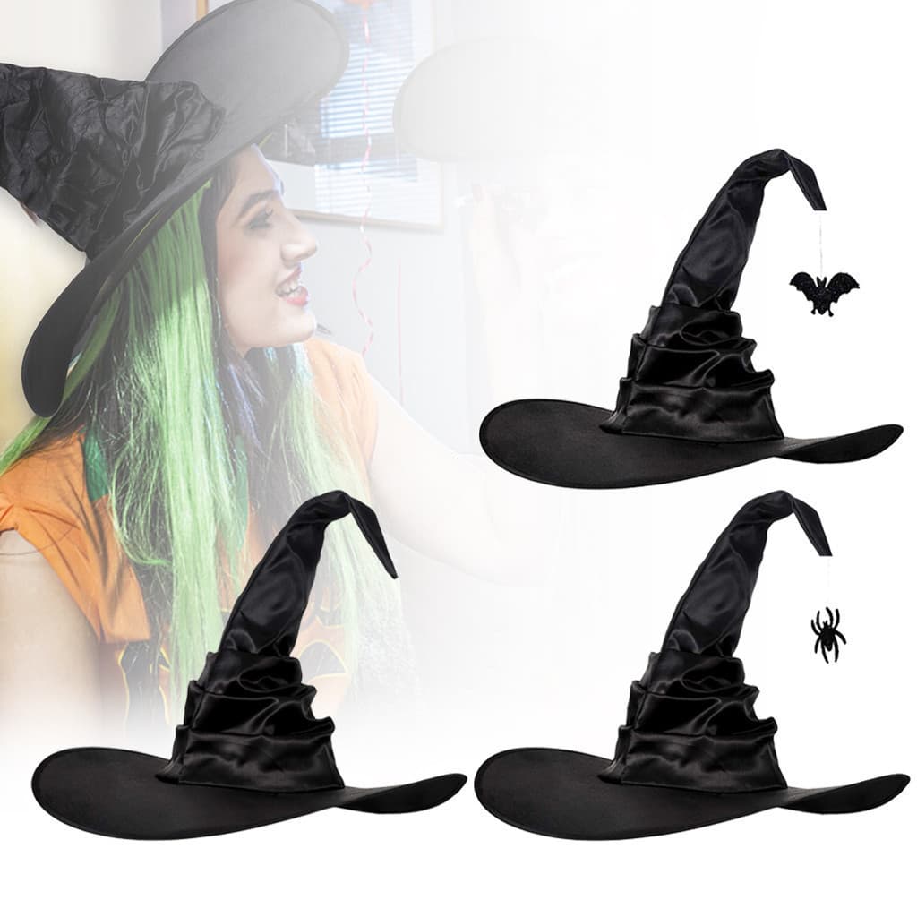 Chapéus De Bruxa De Halloween Com Enfeite De Morcego/Aranha , Chapéu De Feiticeiro Dobras De Tecido Não Preto , Festa De