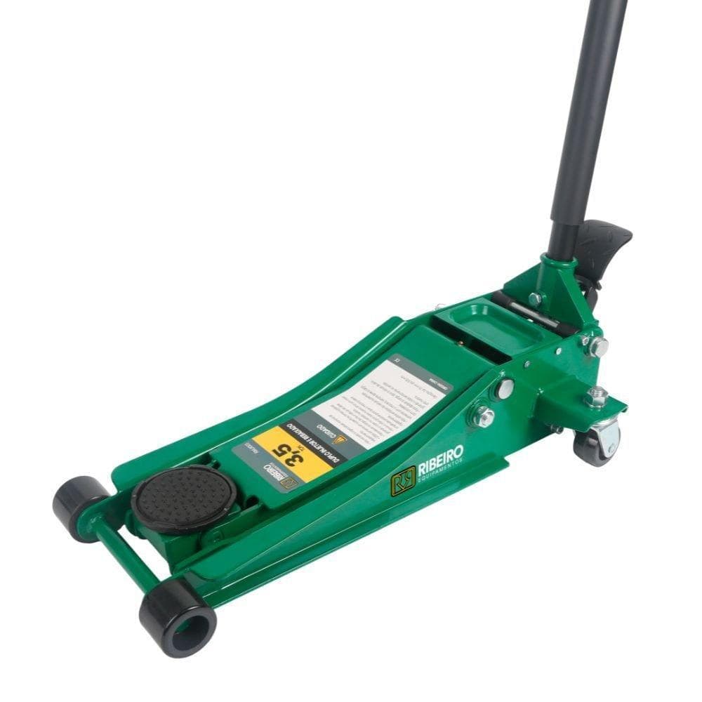Macaco Hidráulico Jacaré 3,5 Toneladas Rebaixado Verde Duplo Injetor com Roda PU RMJI003 - RIBEIRO