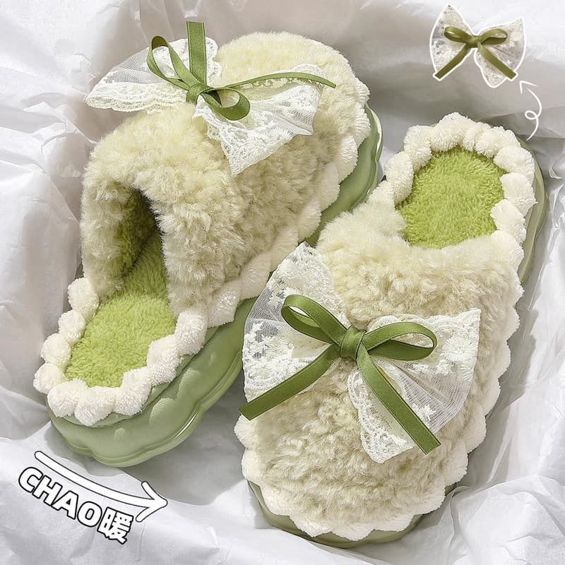 Doce Bowknot chinelos de algodão feminino inverno 2025 novo estilo interior mobiliário doméstico velo quente antiderrapa