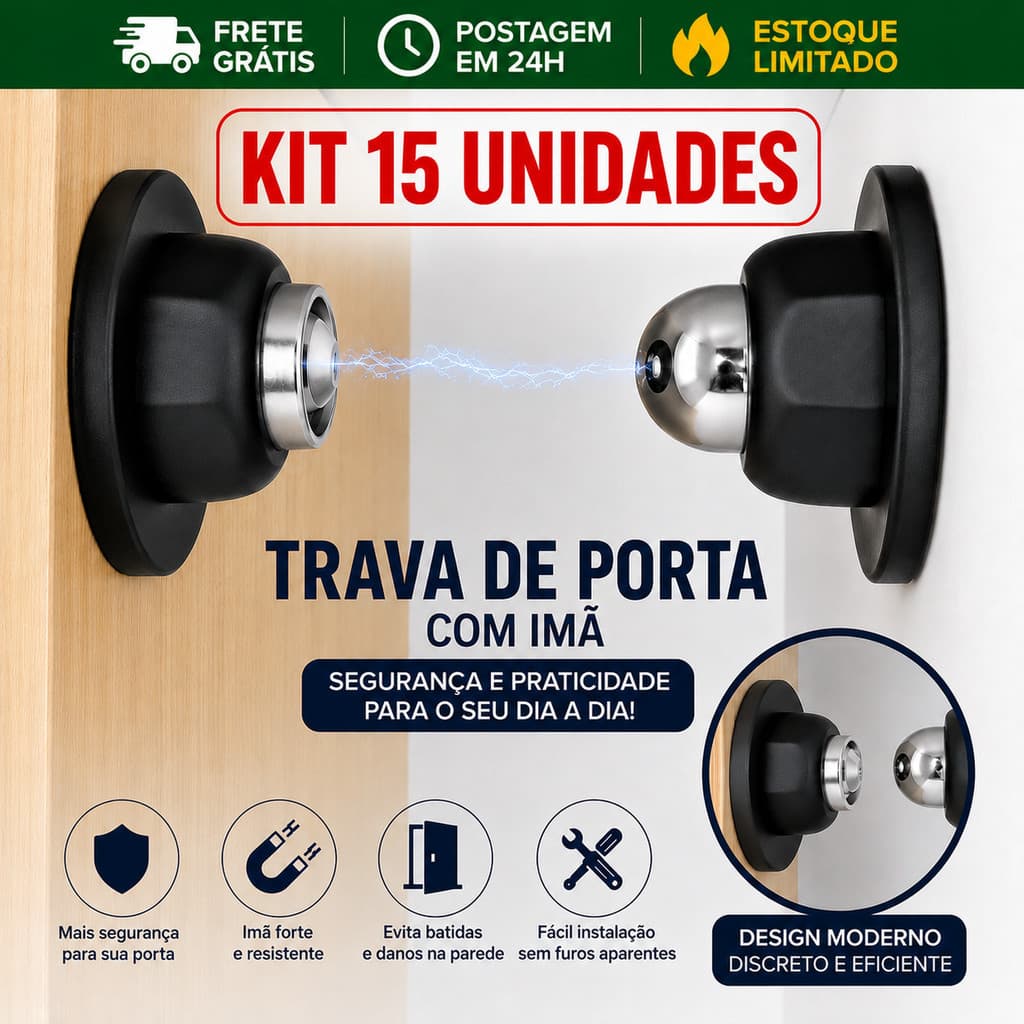 Kit 15 Prendedor Trava Magnética Premium para Porta com Imã Super Forte inox Envio em 24 horas