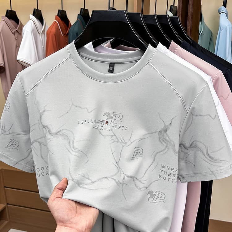 2026 verão masculino em torno do pescoço de manga curta camiseta Casual impresso topo com seda amoreira meia manga camis