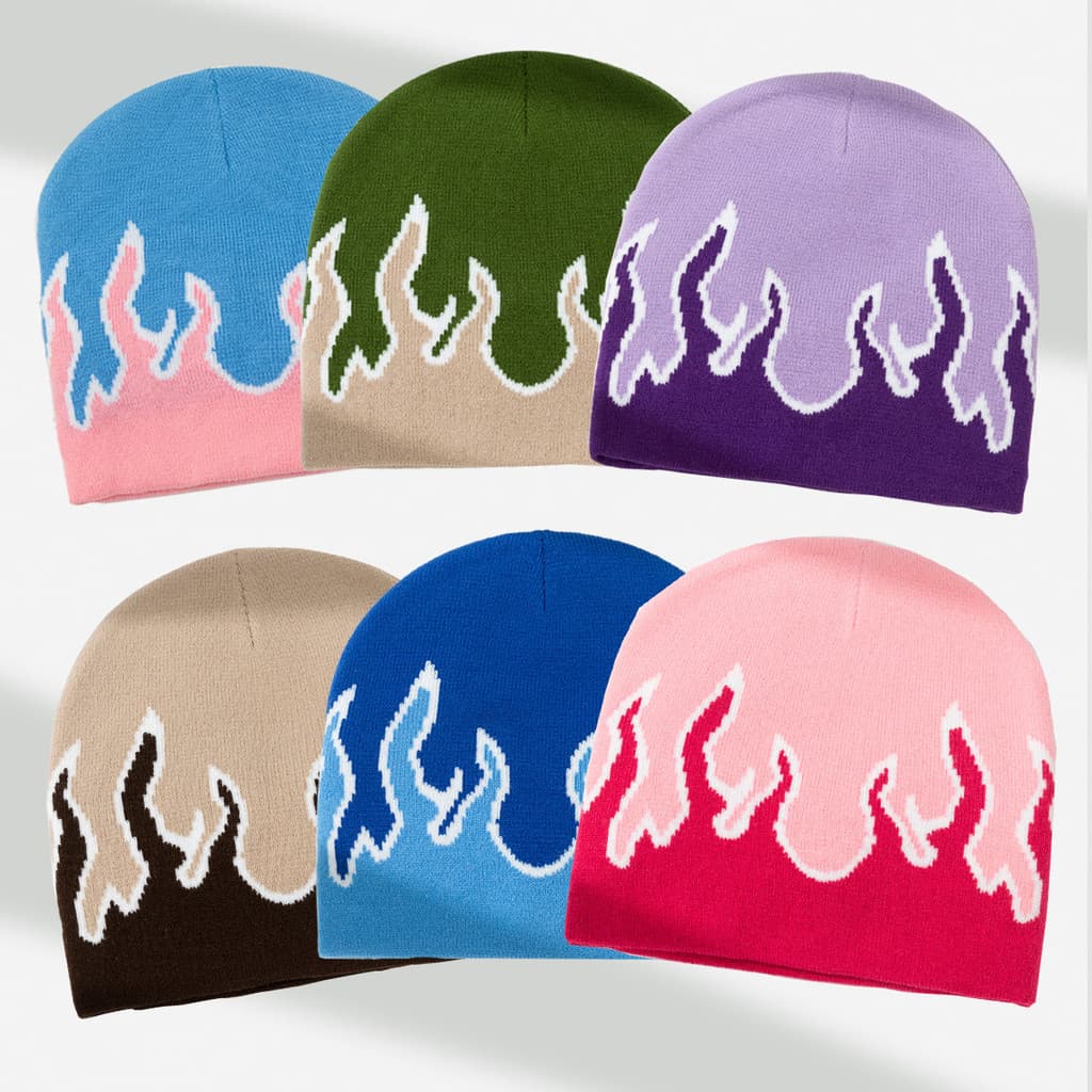 Gorro de malha estiloso para homens, gorro estilo hip-hop com estampa de chamas, gorro para ciclismo ao ar livre no outo