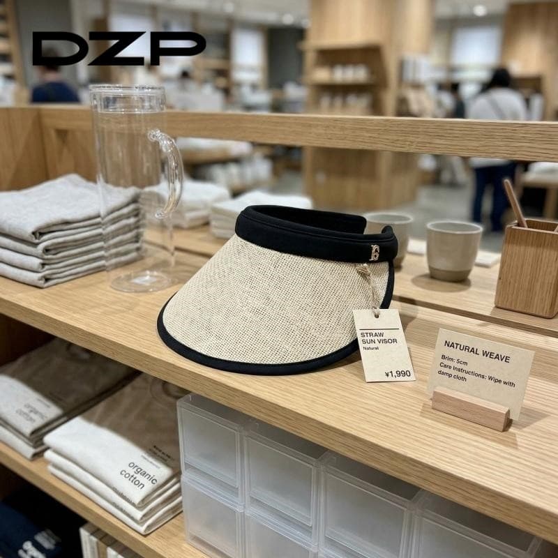 DZP luz estilo de luxo vazio topo chapéu de sol feminino verão palha tecido aba grande Anti-ultravioleta All-Match banda