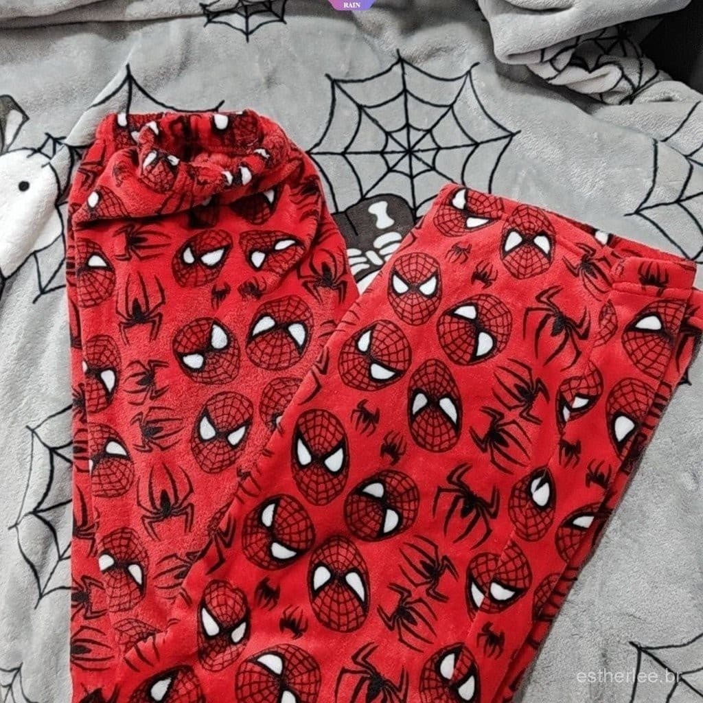 Homem-Aranha HelloKitty Facecloth Pajama Pants Loose Versão Reta Impressão De Modelos Espessos [RAIN]