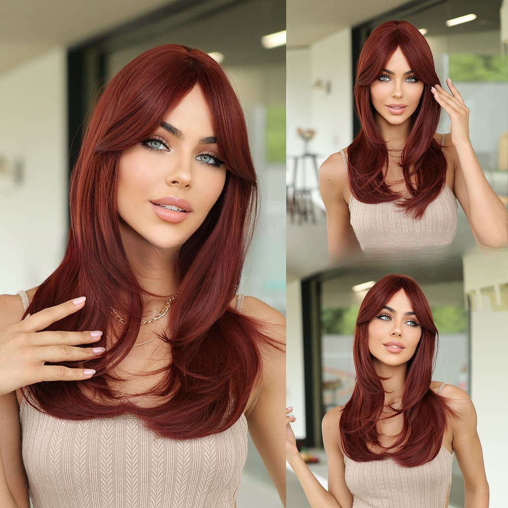 Novo Vermelho Marrom Longo Ondulado Peruca Completa Oito Personagens Franja Em Camadas Fivela Interna Estilo Europeu