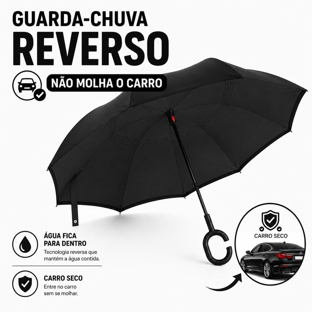 Guarda-Chuva Invertido Grande Reforçado Tecido Duplo Resistente à Chuva e ao Vento