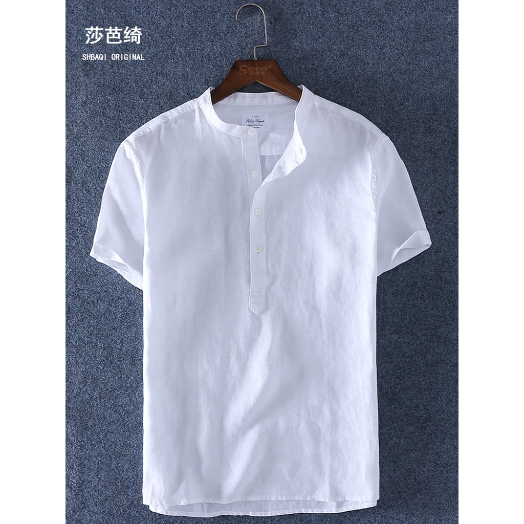Sabaqi branco de manga curta gola alta camisa de linho puro masculino Casual linho topo algodão linho meia manga camisa