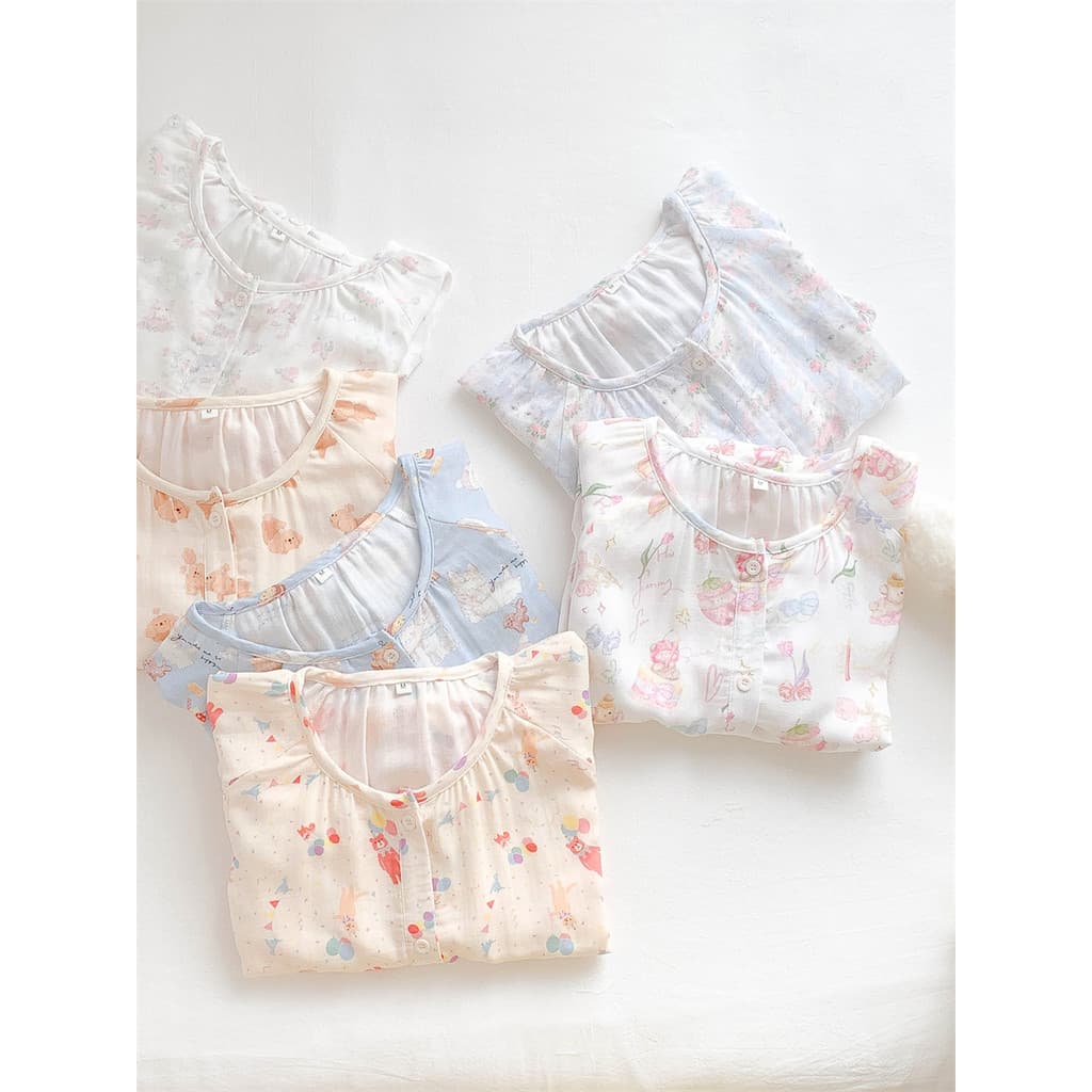 Pcs Multicoloridas |Pijama de algodão de bambu adequado para a pele, feminino, verão, manga curta, fino, fofo, estilo in