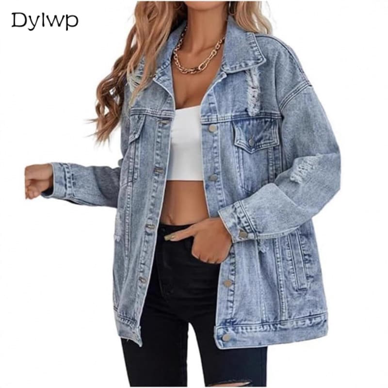 Jaqueta Jeans Rasgada Feminina Primavera Outono Moda Rua Jaquetas De Manga Comprida