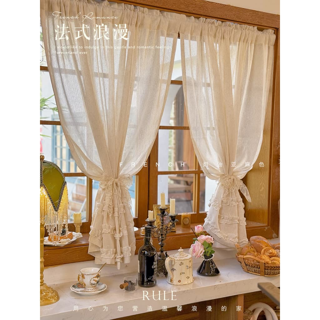 Cortina bege estilo creme francês estilo japonês quarto pequena janela decoração cortina de gaze meia cortina de linho c