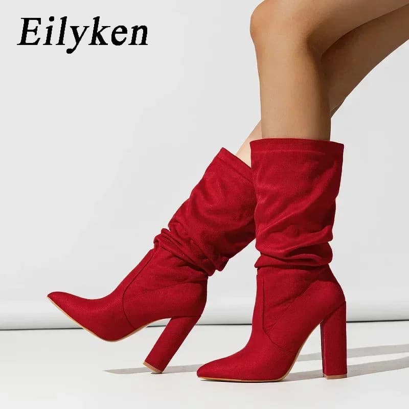 Botas de cano curto plissadas Eilyken para o outono e inverno, femininas, com bico fino e salto alto quadrado, modernas