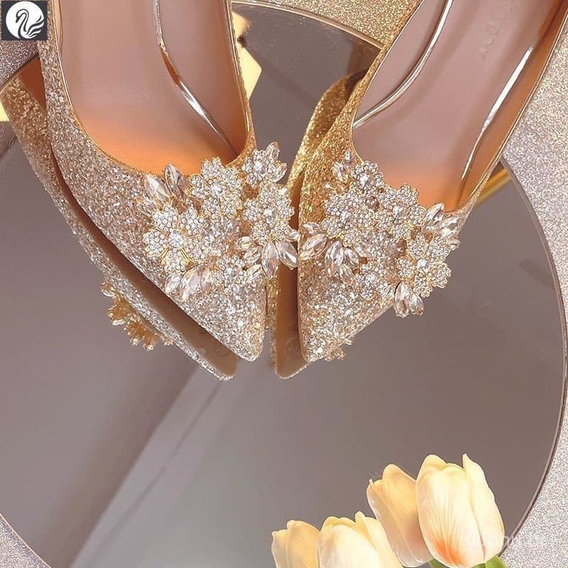 Sapatos de Noiva Xiuhe Vestido de Noiva com Dois Sapatos de Cristal Sapatos de Noiva Champagne Sapatos de Salto Alto Fem