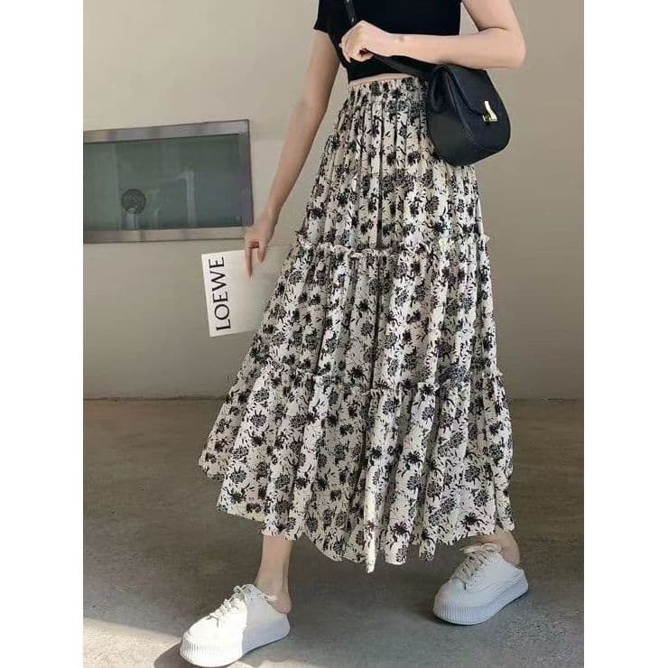 Verão Plus Size roupas femininas gordura mm saia Floral feminina comprimento médio cintura alta redução de idade esconde