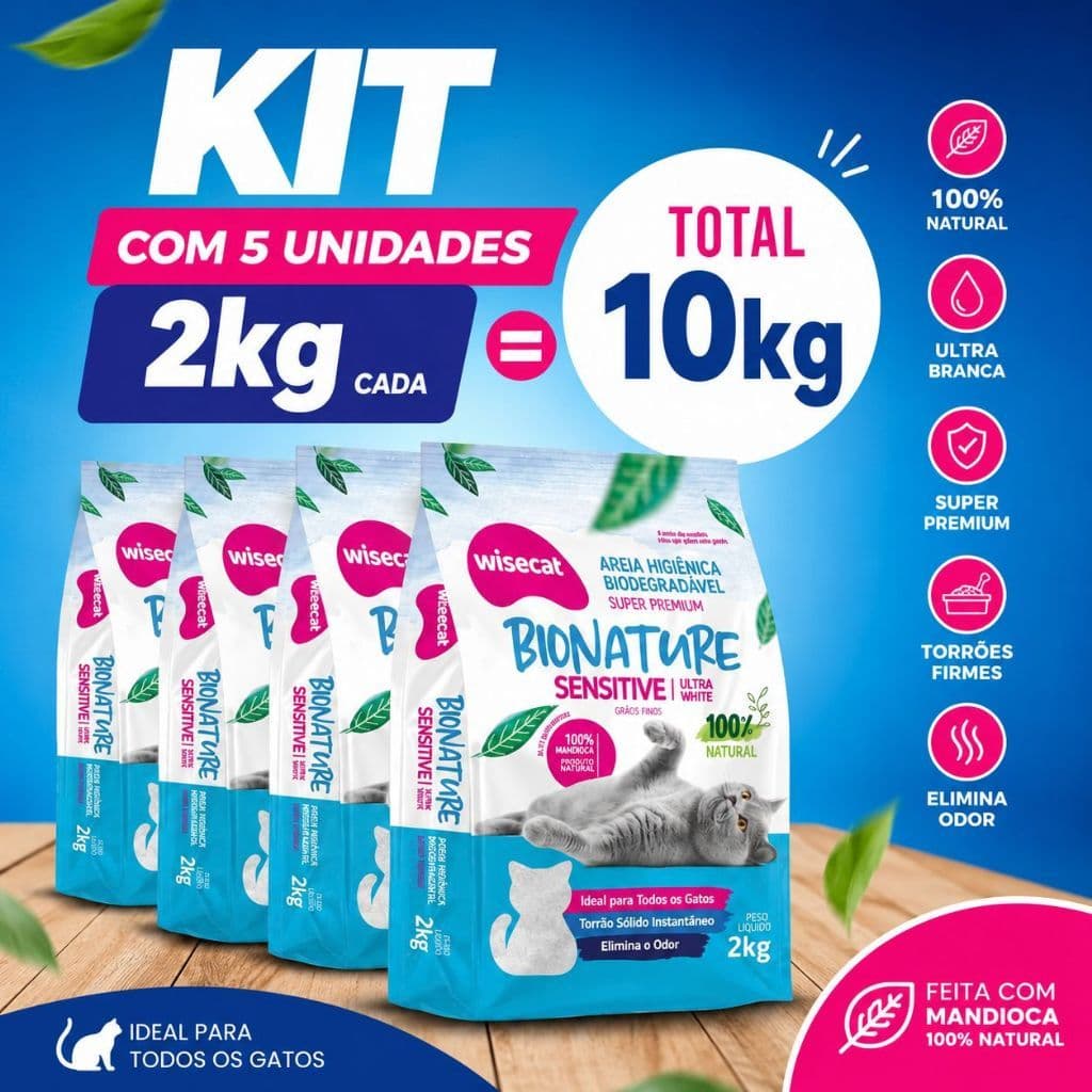 Kit Até 5 Areias Biodegradável para Gatos Bionature Sensitive Wisecat 2 KG Grãos Finos TOTAL 10KG