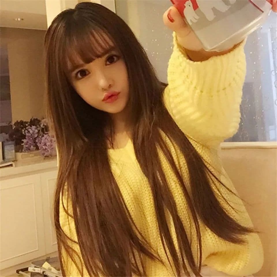 Peruca feminina cabelo longo franja de ar longo cabelo reto temperamento rosto reparação simulação peruca conjunto cabel