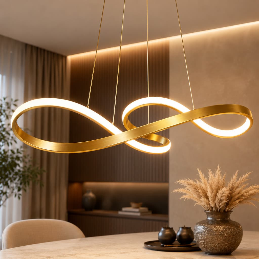 Lustre Pendente LED Moderno Dourado Gold 3000K Branco Quente Luminária Teto Sala Paylow