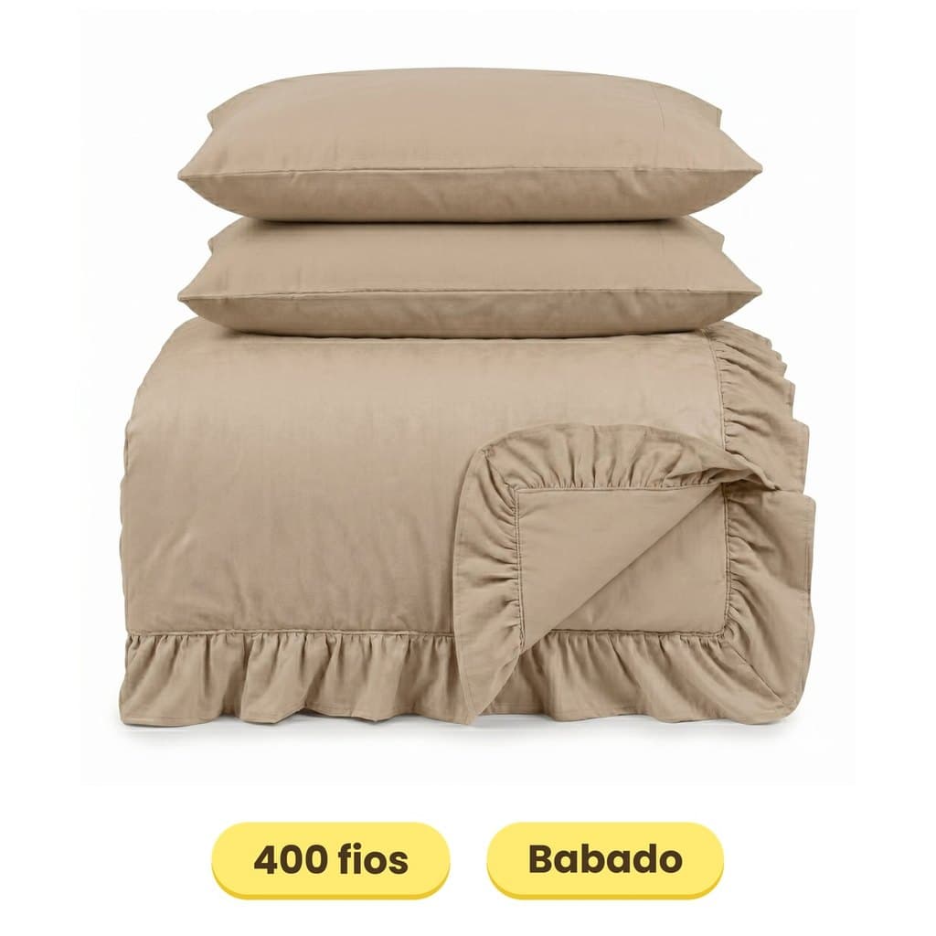 Colcha Cobre Leito 400 fios com Babado Laila cores Lisas com Porta Travesseiro EDDI Casa