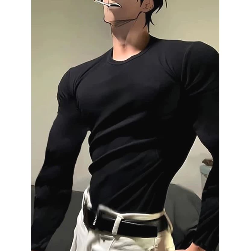 Treinamento de Fitness esportes camiseta masculina algodão respirável fino-ajuste de manga comprida estilo cara resisten