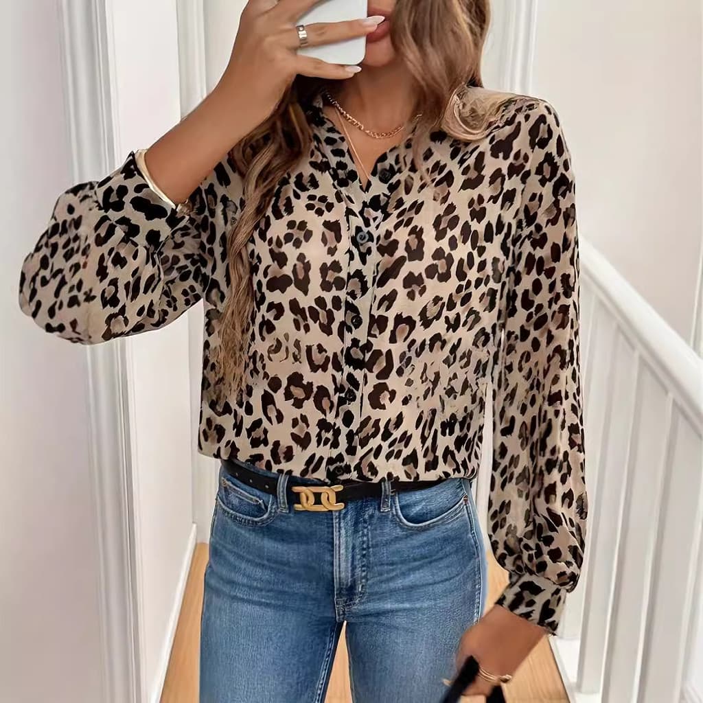 Camisa Feminina Solta Elegante Manga Comprida Tops Estampa De Leopardo