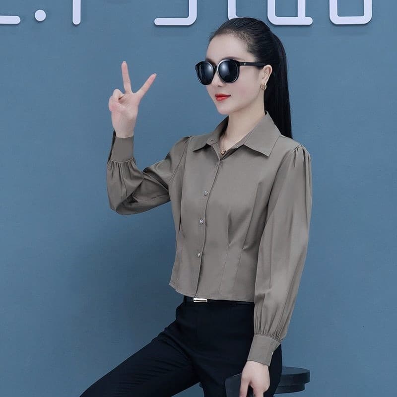 Primavera outono novo estilo topos de manga comprida Chiffon camisas femininas lanterna mangas All-Match mais magro olha