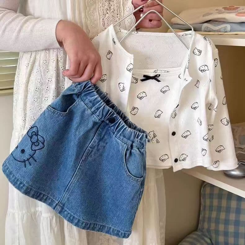 Meninas terno 2025 primavera verão novo estilo crianças dos desenhos animados saia jeans moda estilingue topo pequeno xa