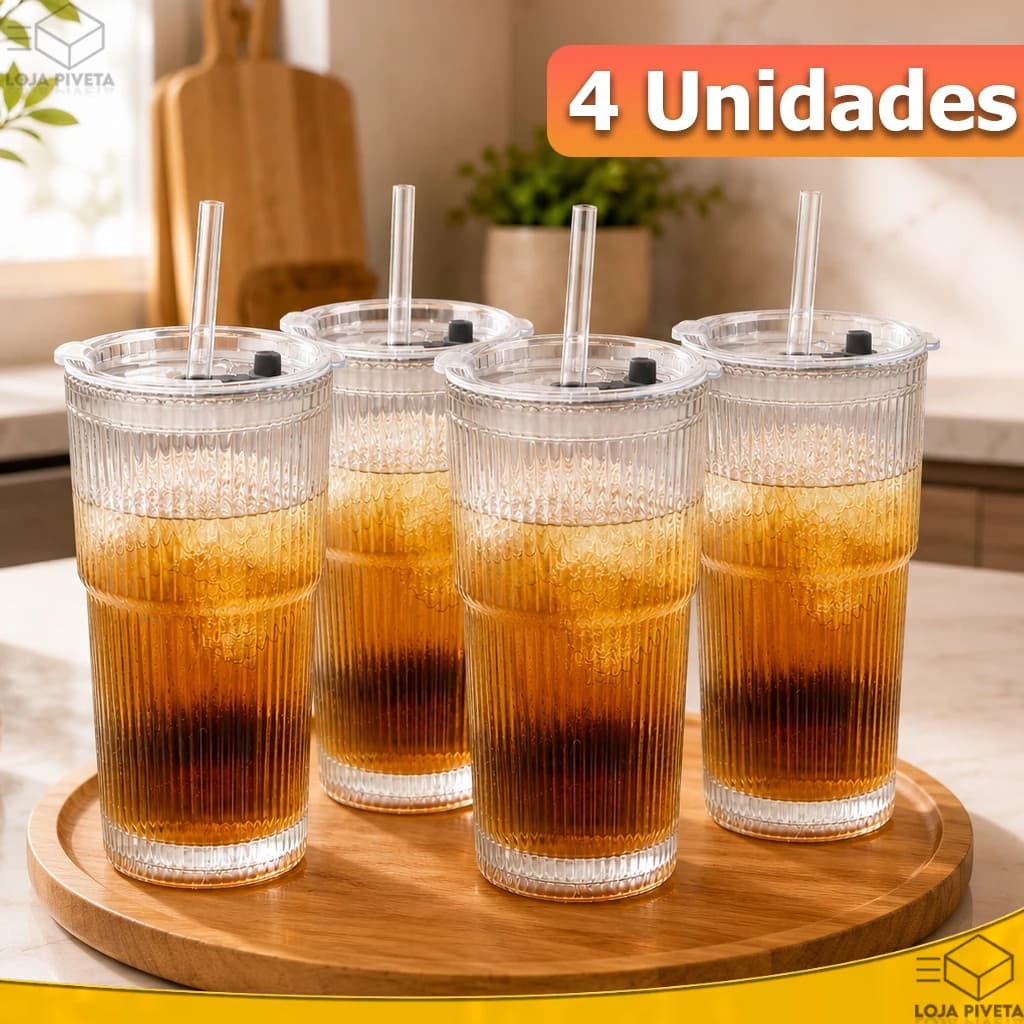 Kit 4 Copo de Vidro Groove Com Tampa e Canudo 500ml Vedação Reutilizável Água Suco Drink Batidas