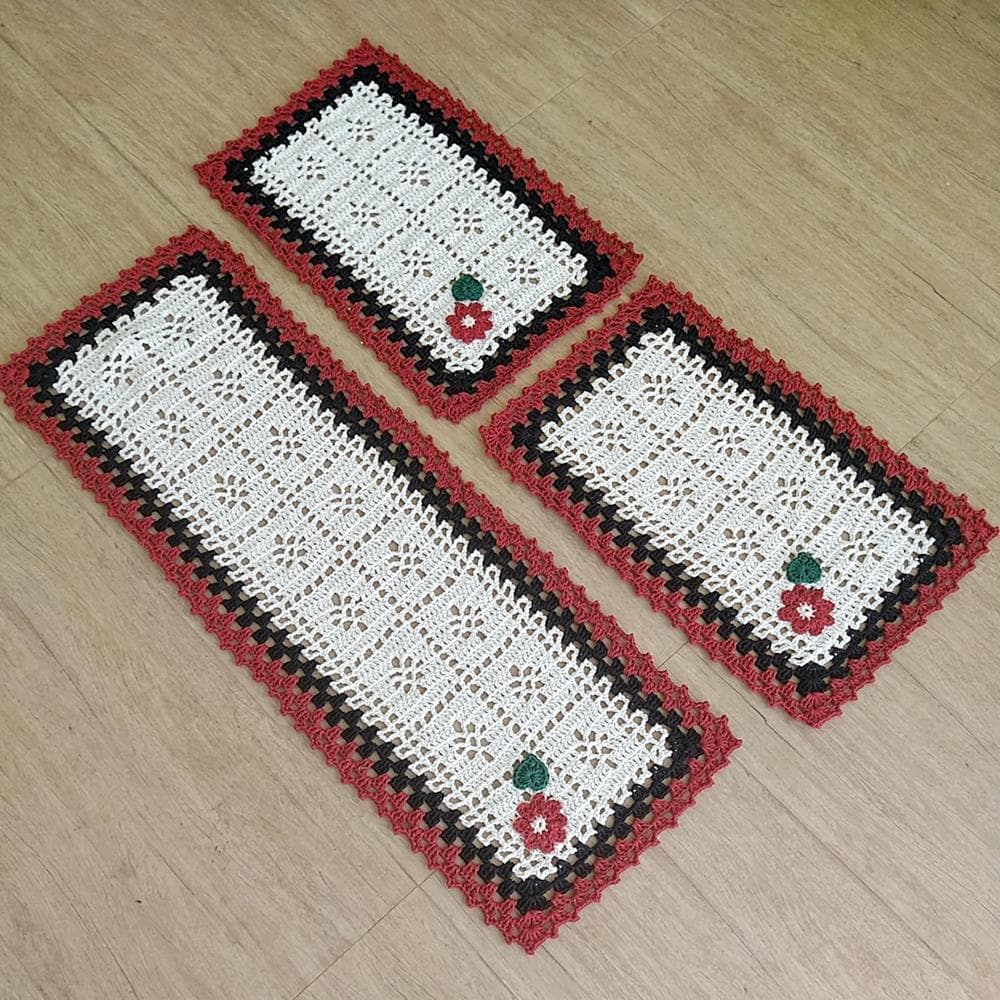 Tapete De Crochê Kit Passadeira Primavera 3 Peças Jogo De Cozinha Flor