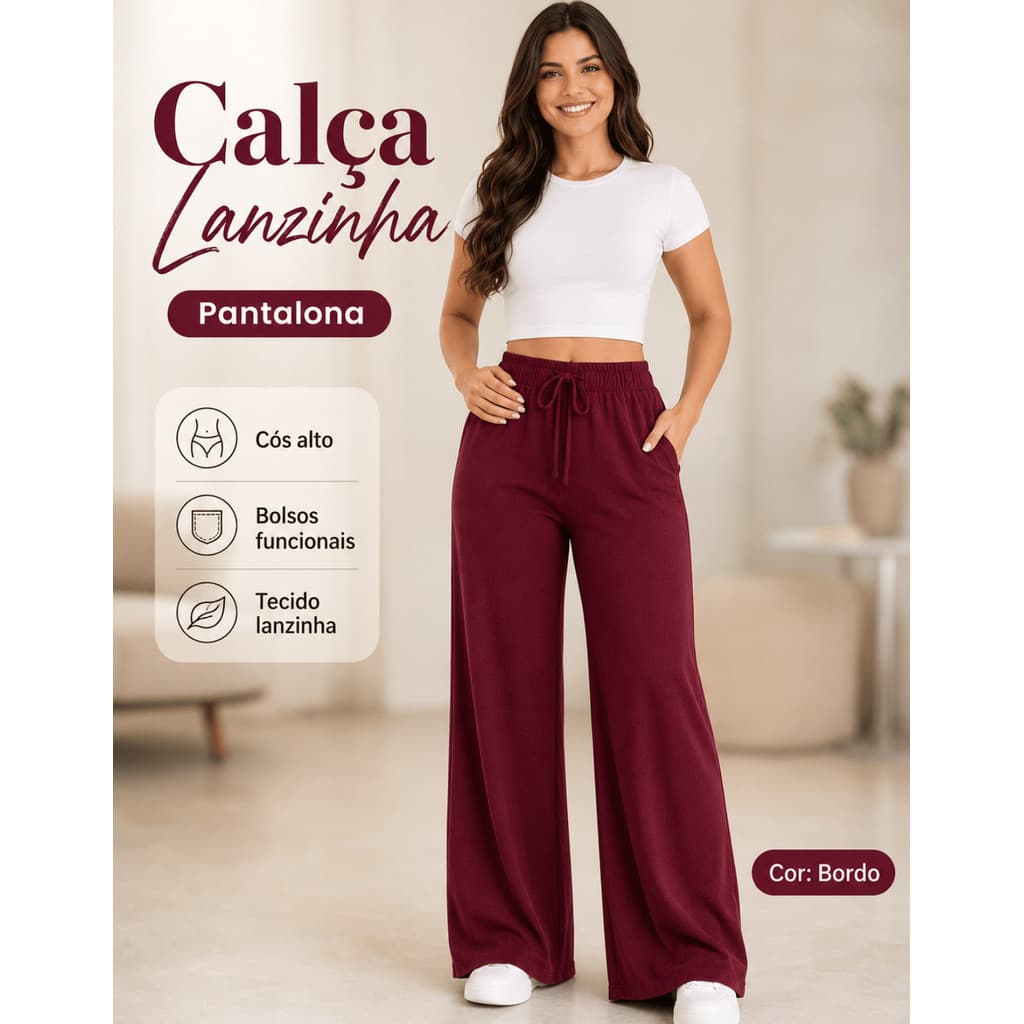 Calça Feminina Pantalona Cós Alto com Elástico Bolsos Dia a Dia Confortável  P ao GG