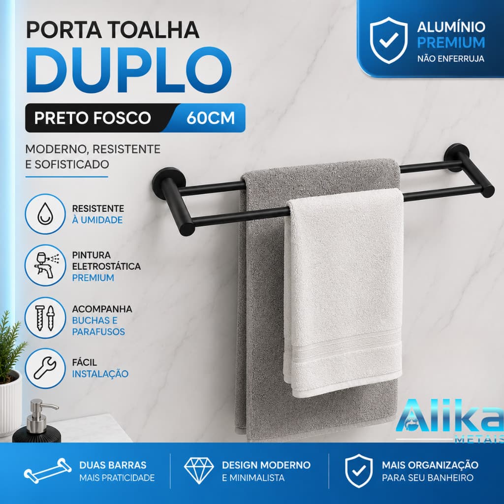 Porta Toalha Banheiro Duplo Preto Fosco Elegante e Resistente