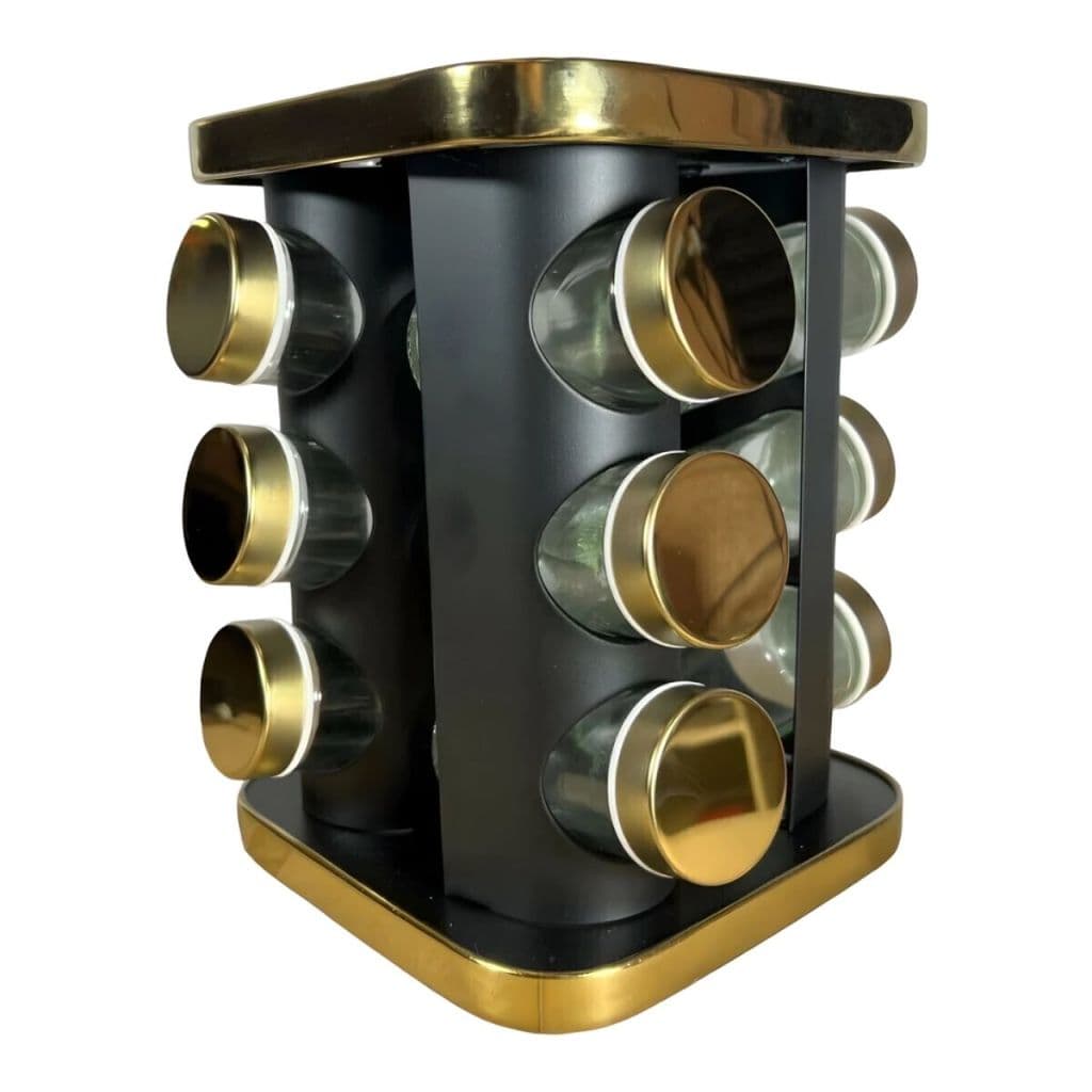 Porta Temperos e Condimentos Giratório Inox Dourado 12 Potes de Vidro