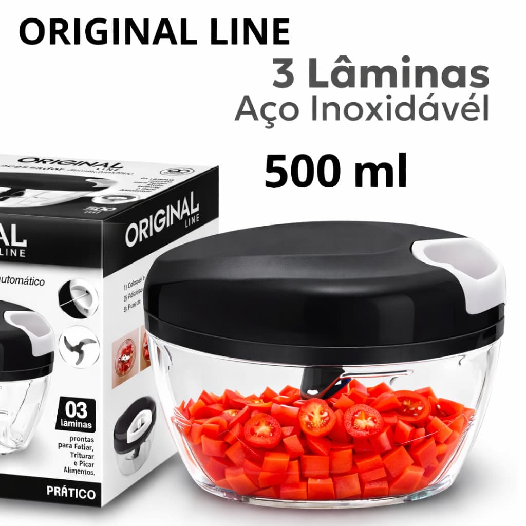 Triturador 3 Laminas de Alimentos Manual 500ml  Aço Inox Picador Alho Cebola Legumes Sem Eletricidade