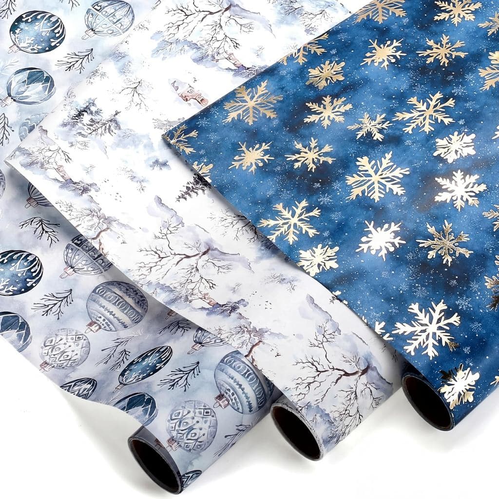 AmazingSpark 3 Rolos de Papel de Embrulho de Inverno 16,5 x 354 Polegadas Mini Rolo Azul com Flocos de Neve Papel de Emb