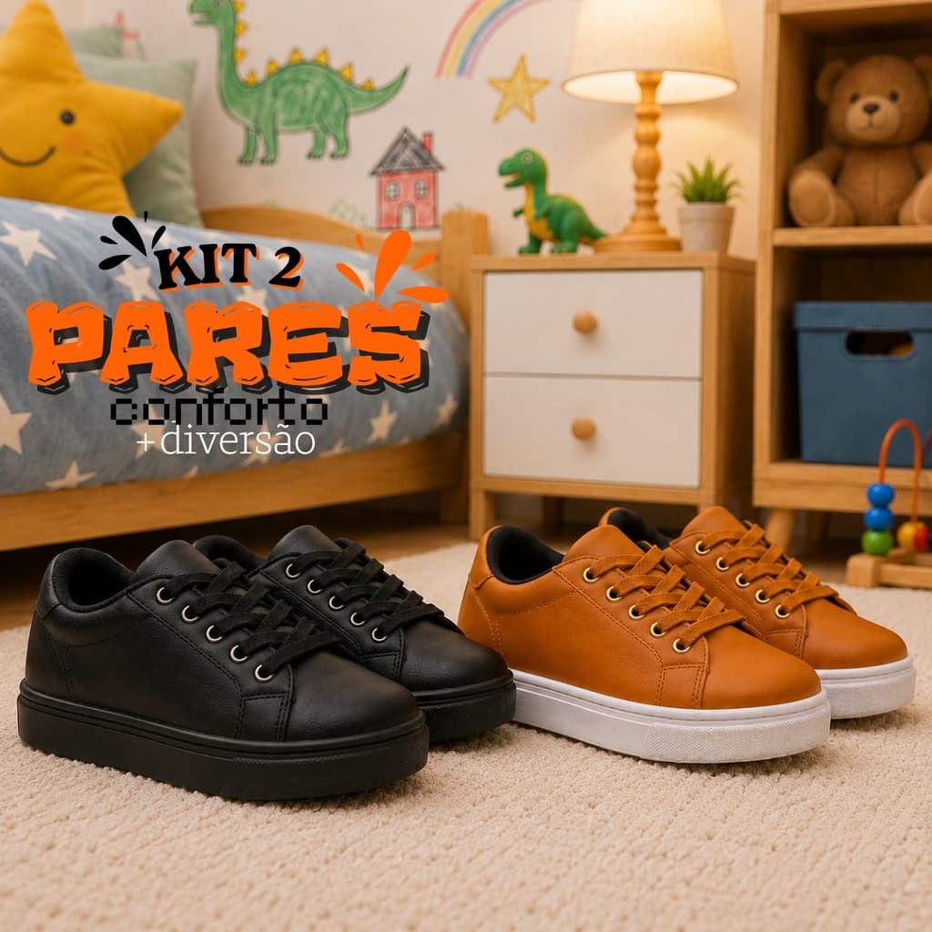 Kit 2 Pares Tênis Infantil Menino Escolar Casual Confortável e Macio Leve Para Uso Diário