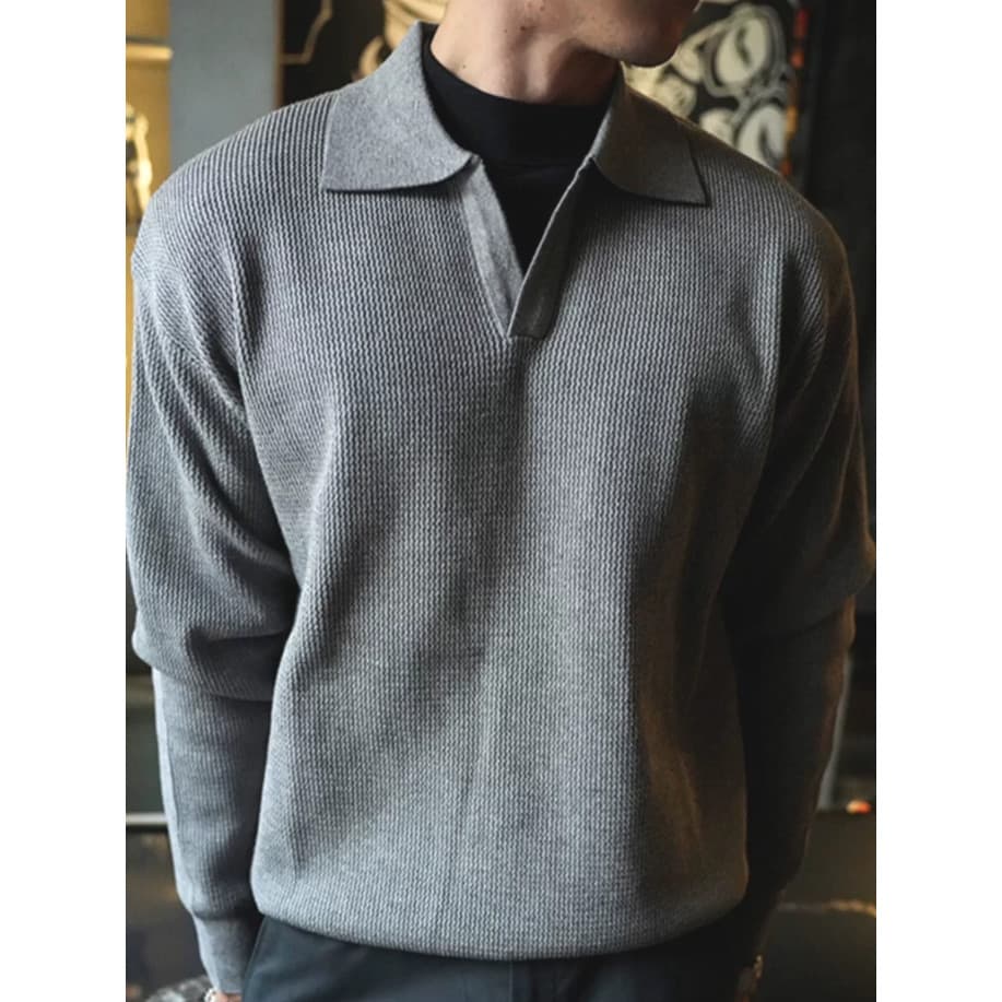 Estilo de dinheiro antigo gola gaivota camisa polo de malha masculina Waffle Jacquard moletom de manga comprida texturiz